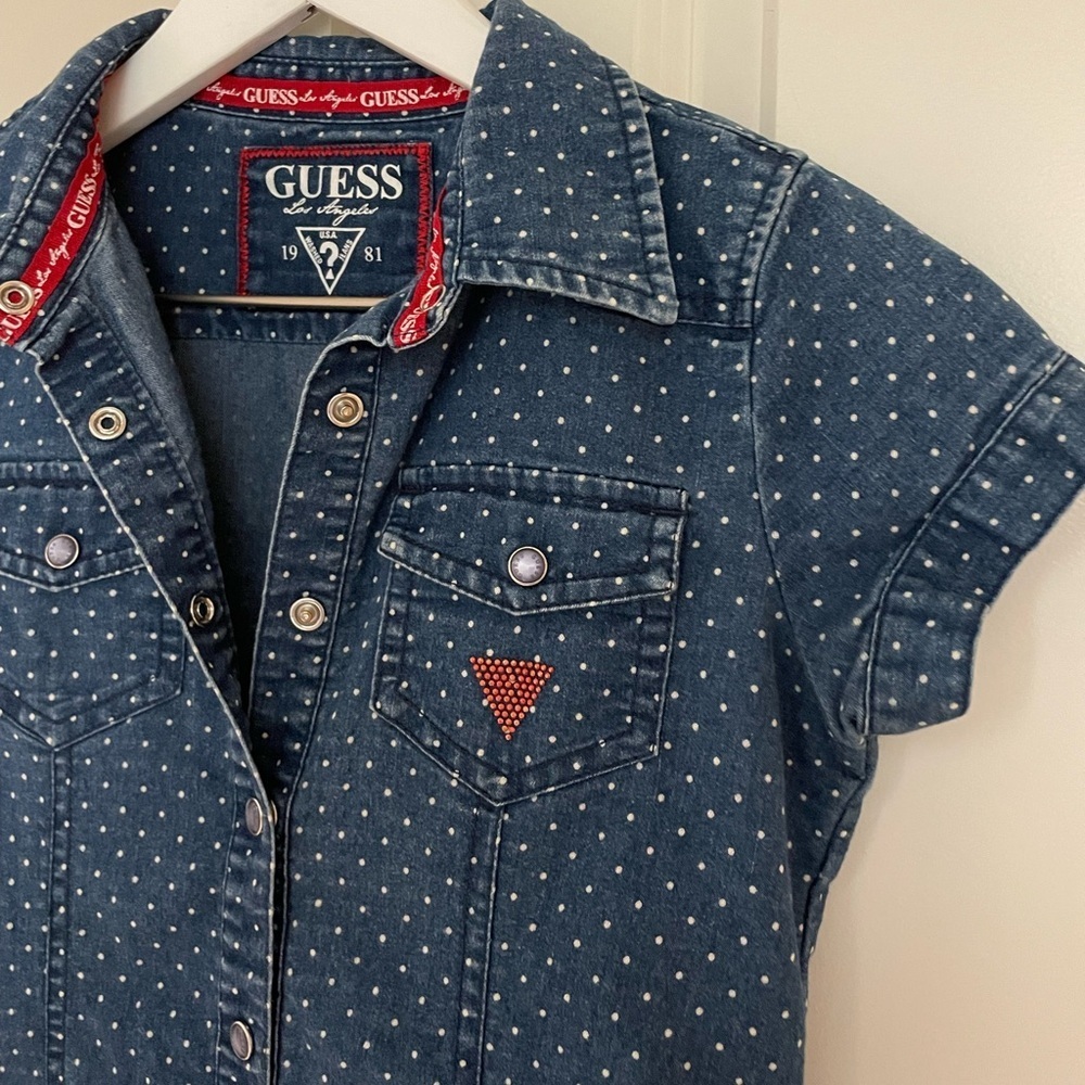 Kids Girls Guess Denim Dress, Cap Sleeve, Snap Up with Dots, Size 14 Jean Dress - Picture 4 of 12